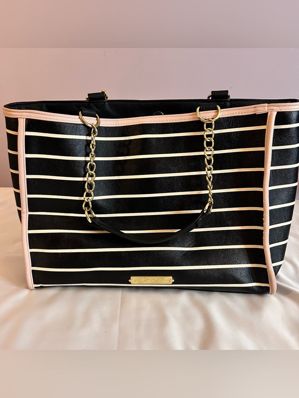 Betsey Johnson Black and White Striped Tote Bag with Pink Trim